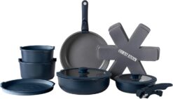 Country Kitchen Cookware Set with Removable Handle, Oven & RV Safe Pots and Pans Set, Denim, Original