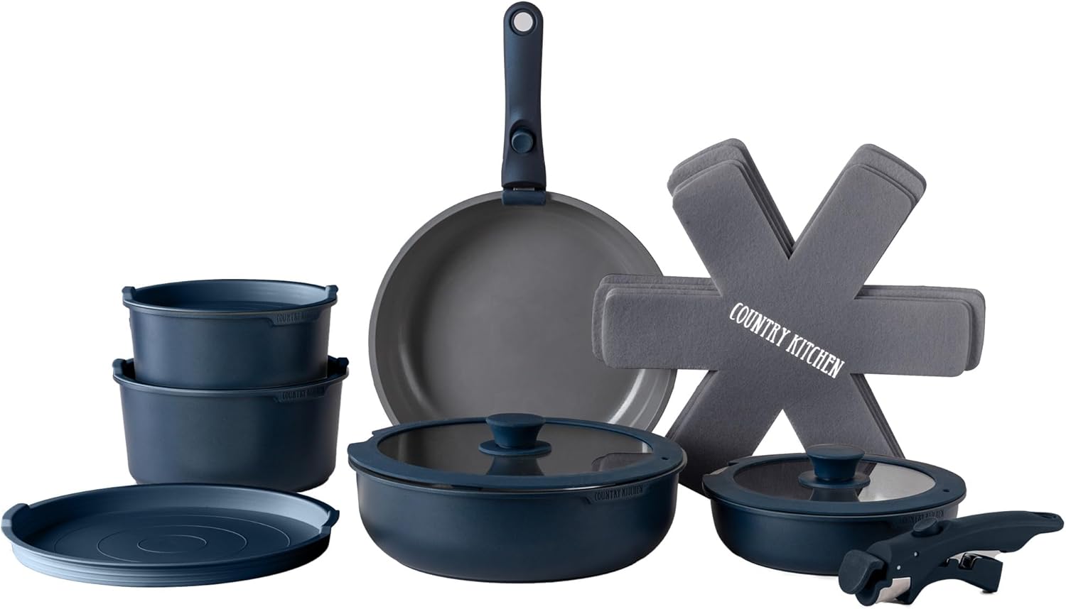Country Kitchen Cookware Set with Removable Handle, Oven & RV Safe Pots and Pans Set, Denim, Original Country Kitchen Cookware Set with Removable Handle, Oven & RV Safe Pots and Pans Set, Denim, Original
