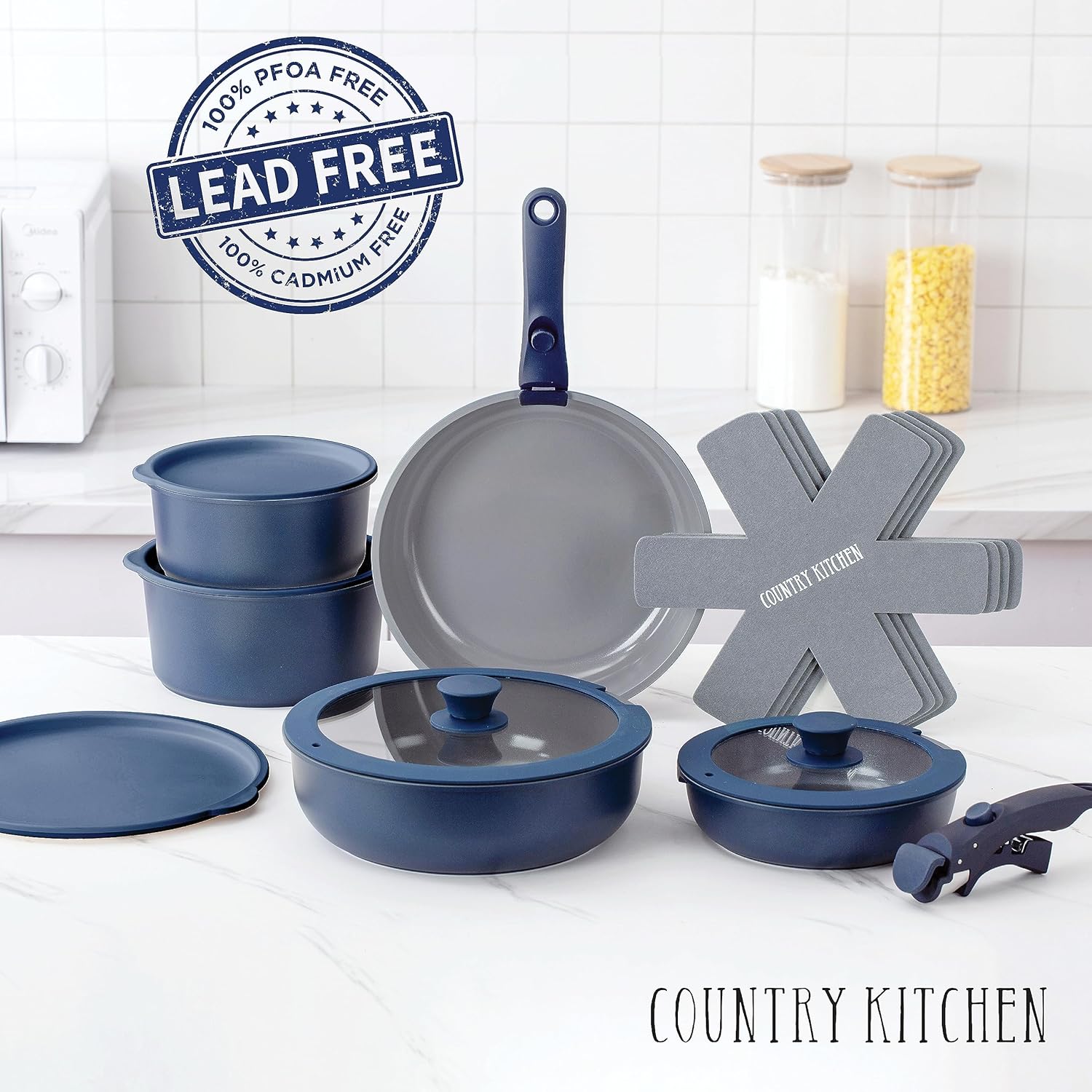 Country Kitchen Cookware Set with Removable Handle, Oven & RV Safe Pots and Pans Set, Denim, Original0