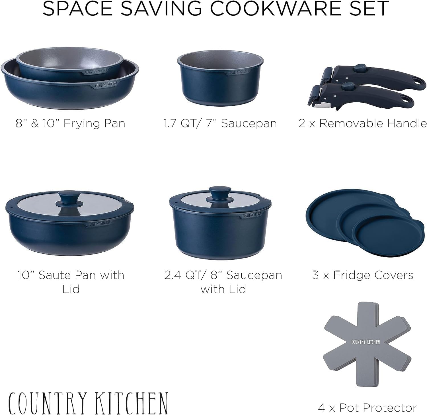 Country Kitchen Cookware Set with Removable Handle, Oven & RV Safe Pots and Pans Set, Denim, Original1