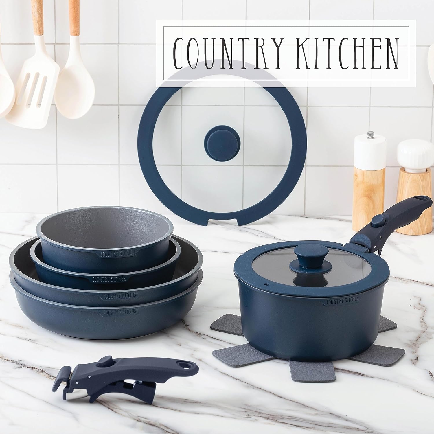 Country Kitchen Cookware Set with Removable Handle, Oven & RV Safe Pots and Pans Set, Denim, Original3
