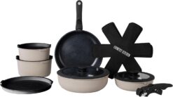 Country Kitchen Cookware Set with Removable Handle, Oven & RV Safe Pots and Pans Set, Grey/Black, Original