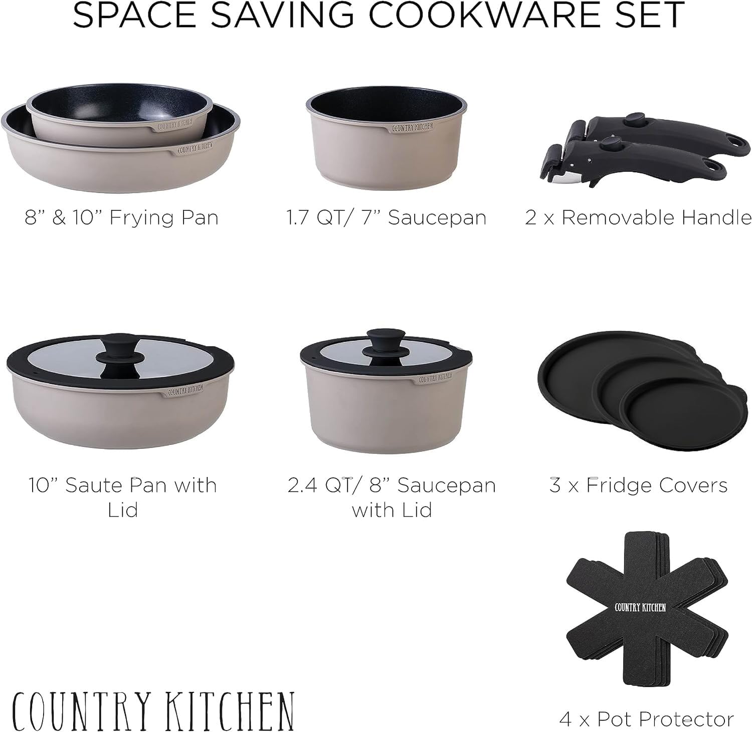 Country Kitchen Cookware Set with Removable Handle, Oven & RV Safe Pots and Pans Set, Grey Black, Original1