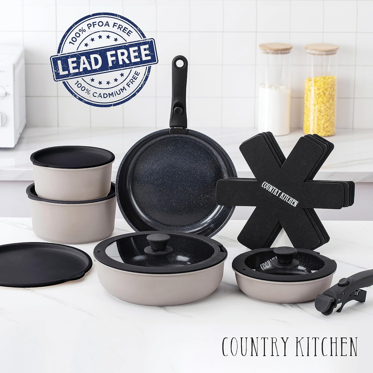 Country Kitchen Cookware Set with Removable Handle, Oven & RV Safe Pots and Pans Set, Grey Black, Original4