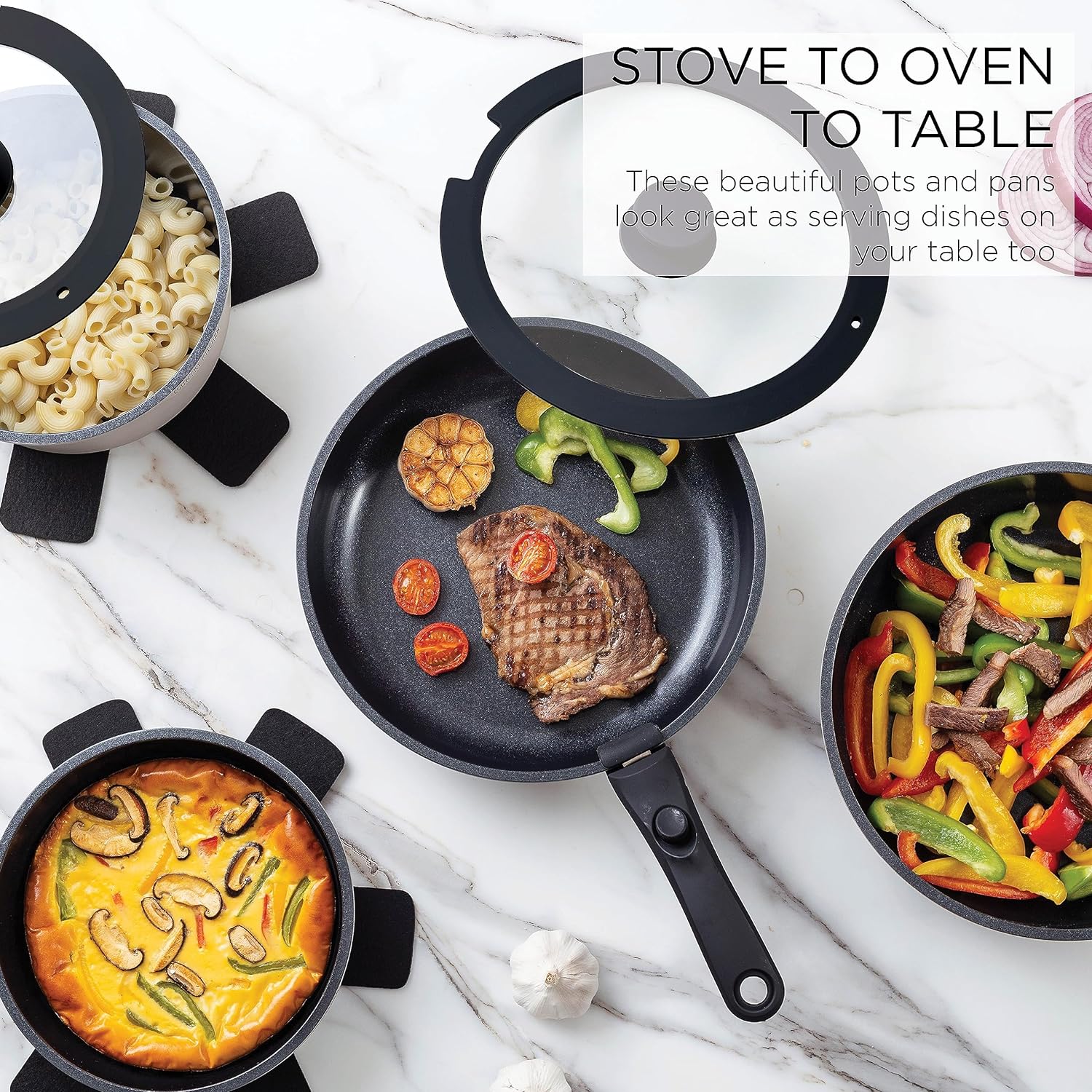Country Kitchen Cookware Set with Removable Handle, Oven & RV Safe Pots and Pans Set, Grey Black, Original7