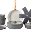 Country Kitchen Cookware Set with Removable Handle, Oven & RV Safe Pots and Pans Set, Grey/Ivory Wood Handle, Original