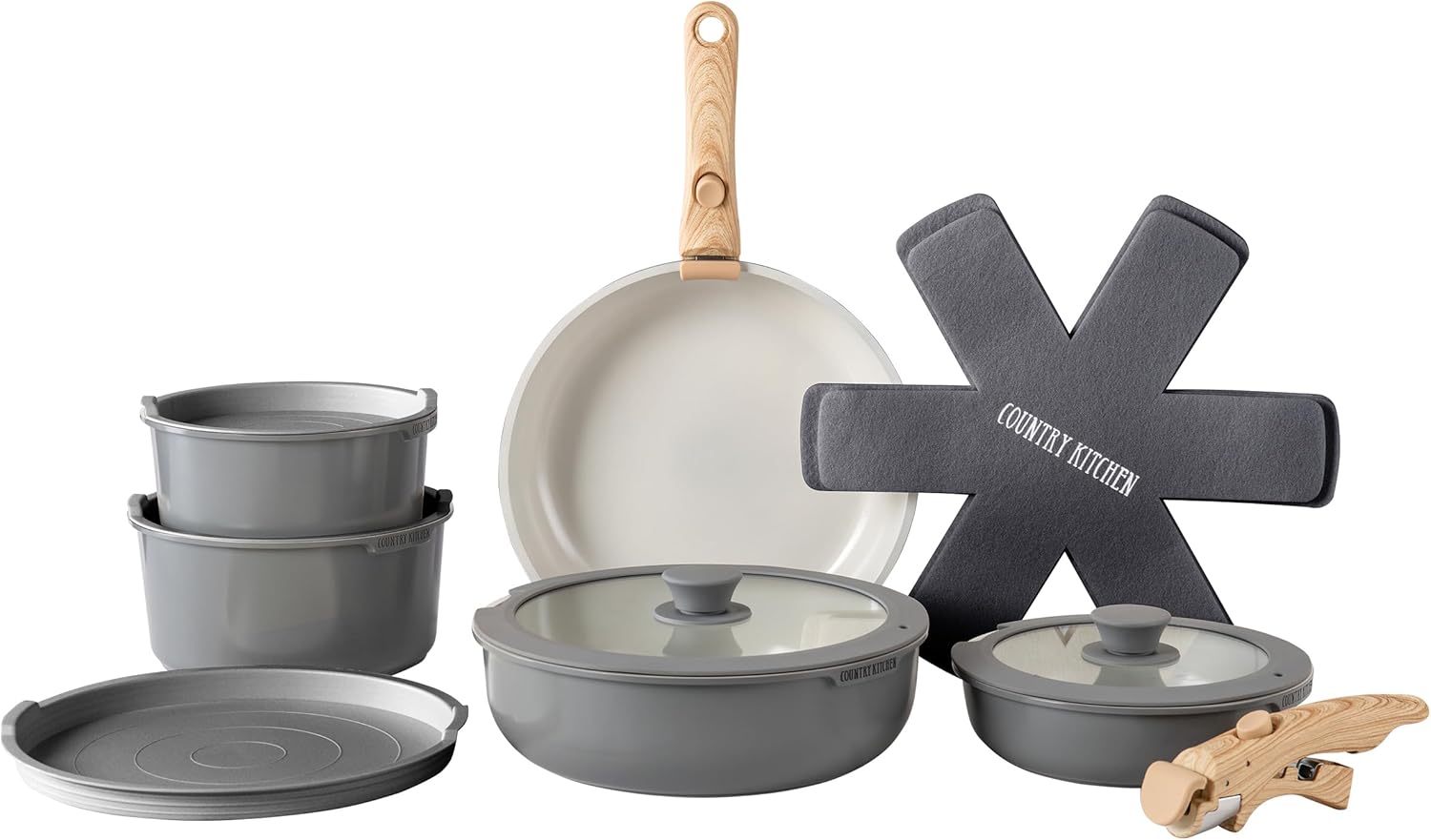 Country Kitchen Cookware Set with Removable Handle, Oven & RV Safe Pots and Pans Set, Grey Ivory Wood Handle, Original Country Kitchen Cookware Set with Removable Handle, Oven & RV Safe Pots and Pans Set, Grey/Ivory Wood Handle, Original