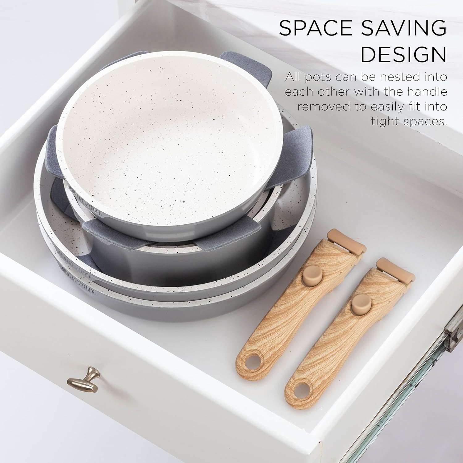 Country Kitchen Cookware Set with Removable Handle, Oven & RV Safe Pots and Pans Set, Grey Ivory Wood Handle, Original1