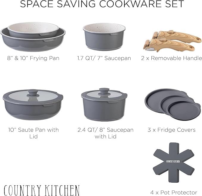Country Kitchen Cookware Set with Removable Handle, Oven & RV Safe Pots and Pans Set, Grey Ivory Wood Handle, Original2