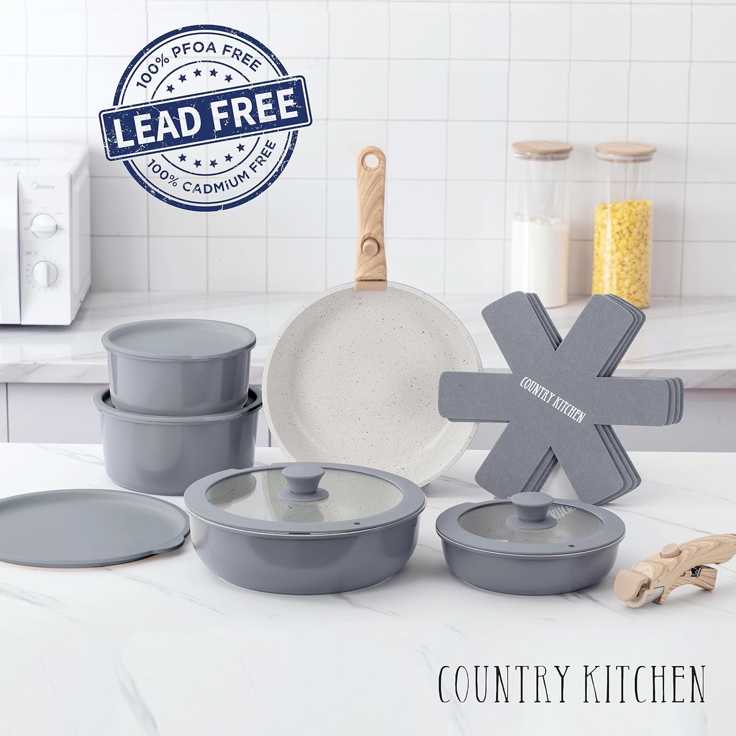Country Kitchen Cookware Set with Removable Handle, Oven & RV Safe Pots and Pans Set, Grey Ivory Wood Handle, Original3