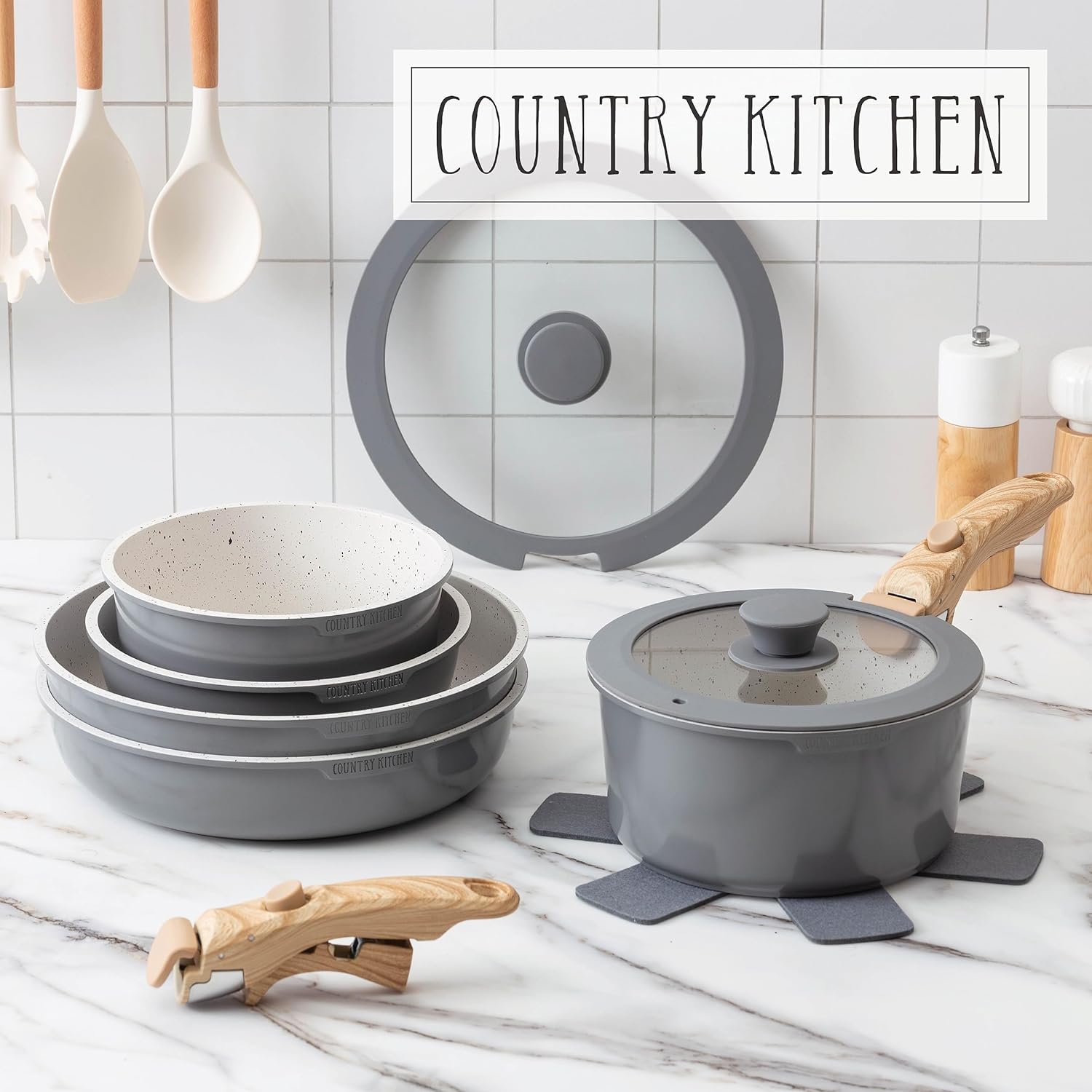 Country Kitchen Cookware Set with Removable Handle, Oven & RV Safe Pots and Pans Set, Grey Ivory Wood Handle, Original4
