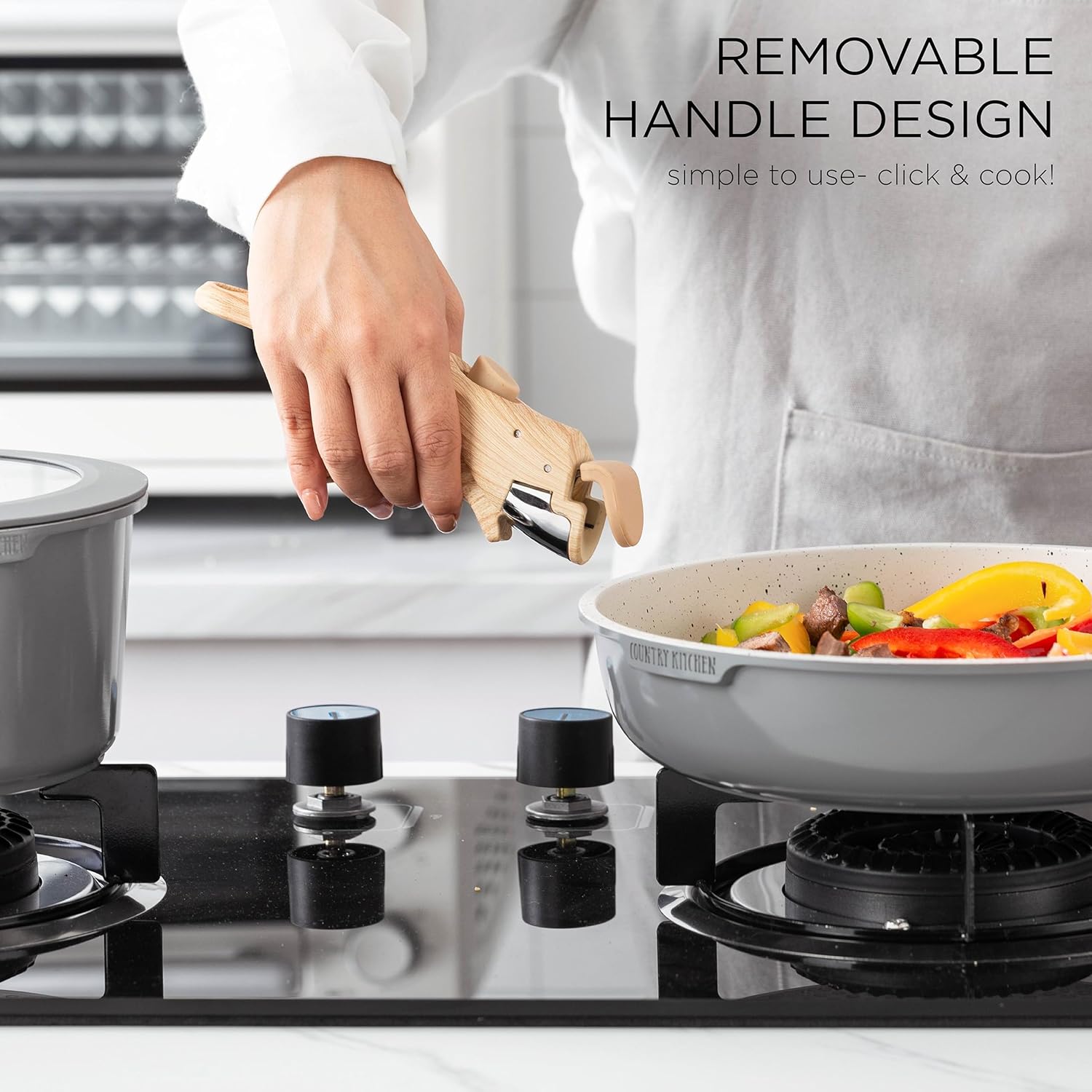 Country Kitchen Cookware Set with Removable Handle, Oven & RV Safe Pots and Pans Set, Grey Ivory Wood Handle, Original5