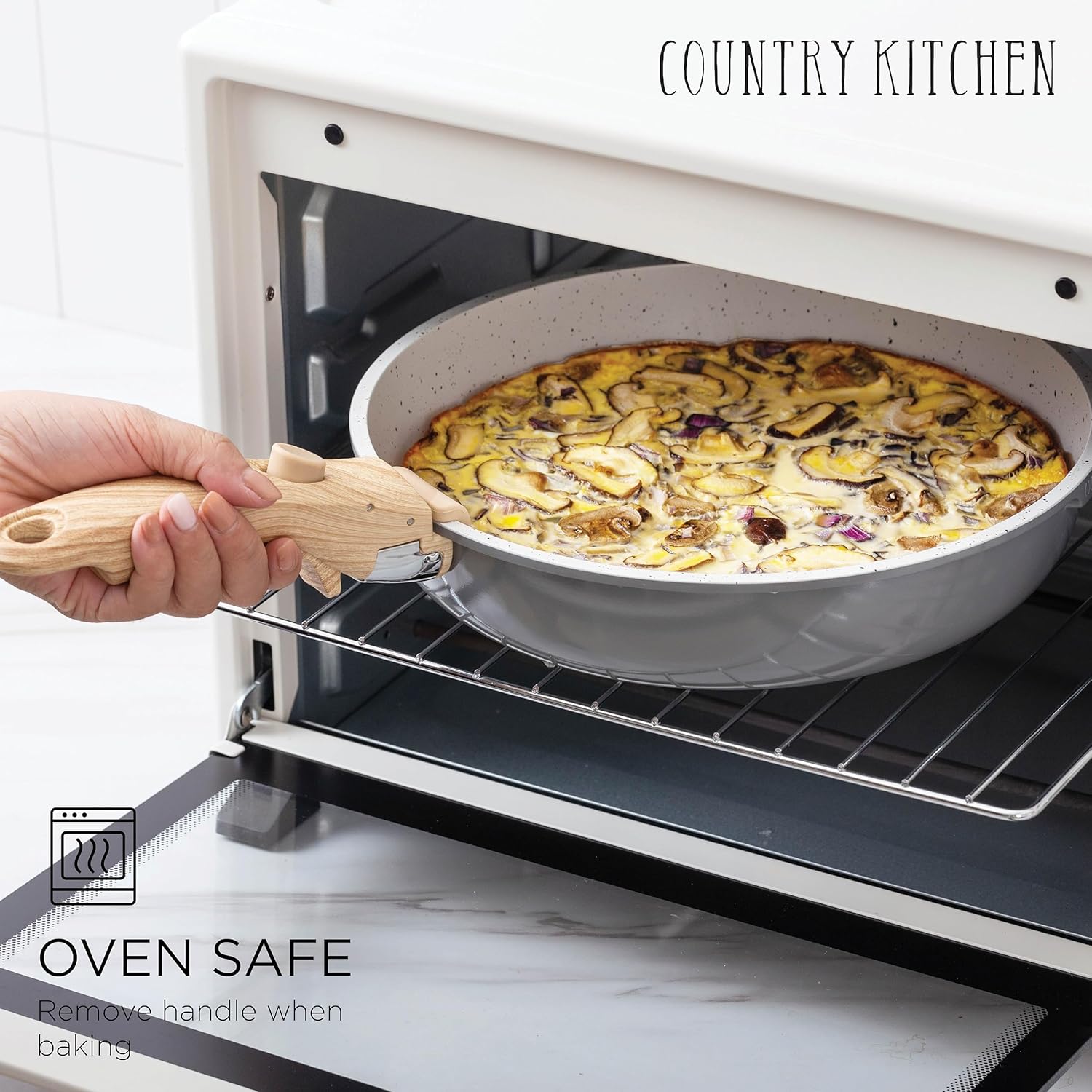 Country Kitchen Cookware Set with Removable Handle, Oven & RV Safe Pots and Pans Set, Grey Ivory Wood Handle, Original8