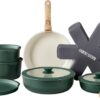 Country Kitchen Cookware Set with Removable Handle, Oven & RV Safe Pots and Pans Set, Sage Wood Handle, Original