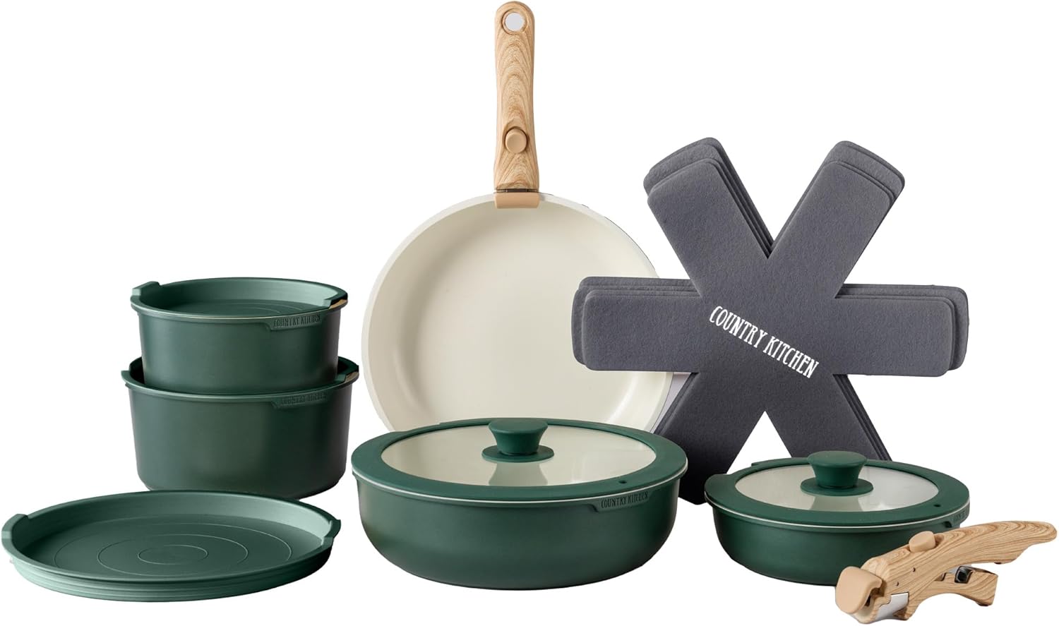 Country Kitchen Cookware Set with Removable Handle, Oven & RV Safe Pots and Pans Set, Sage Wood Handle, Original Country Kitchen Cookware Set with Removable Handle, Oven & RV Safe Pots and Pans Set, Sage Wood Handle, Original