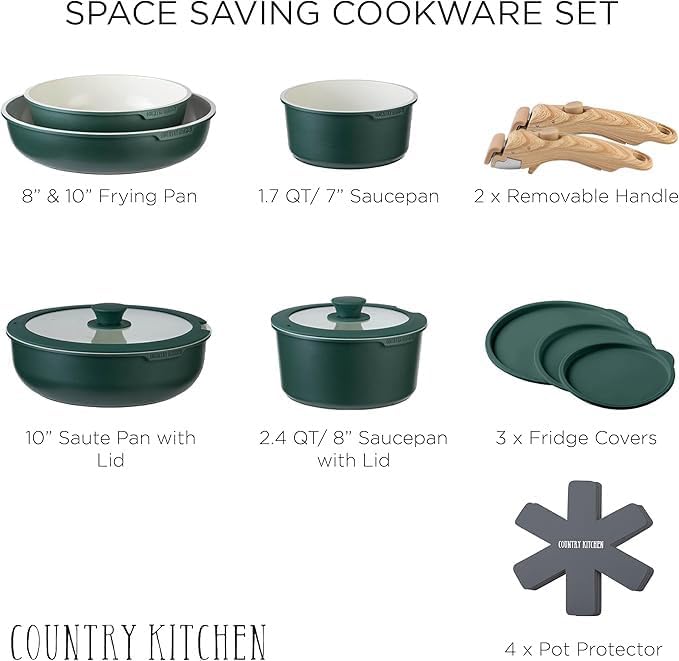 Country Kitchen Cookware Set with Removable Handle, Oven & RV Safe Pots and Pans Set, Sage Wood Handle, Original1
