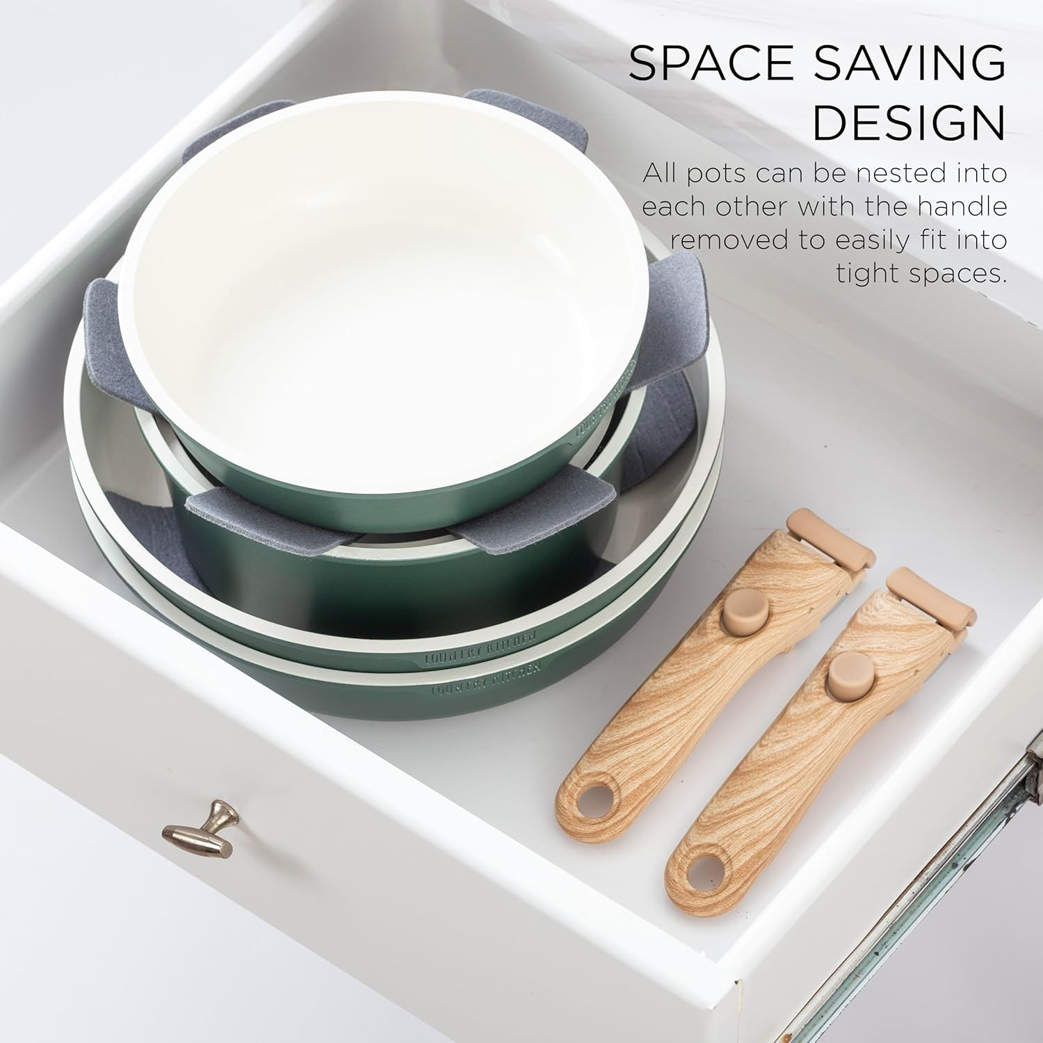 Country Kitchen Cookware Set with Removable Handle, Oven & RV Safe Pots and Pans Set, Sage Wood Handle, Original2