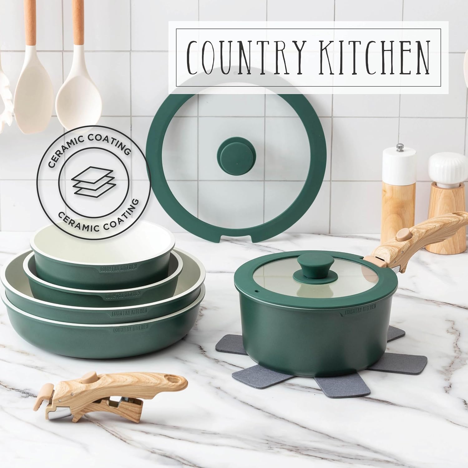Country Kitchen Cookware Set with Removable Handle, Oven & RV Safe Pots and Pans Set, Sage Wood Handle, Original3