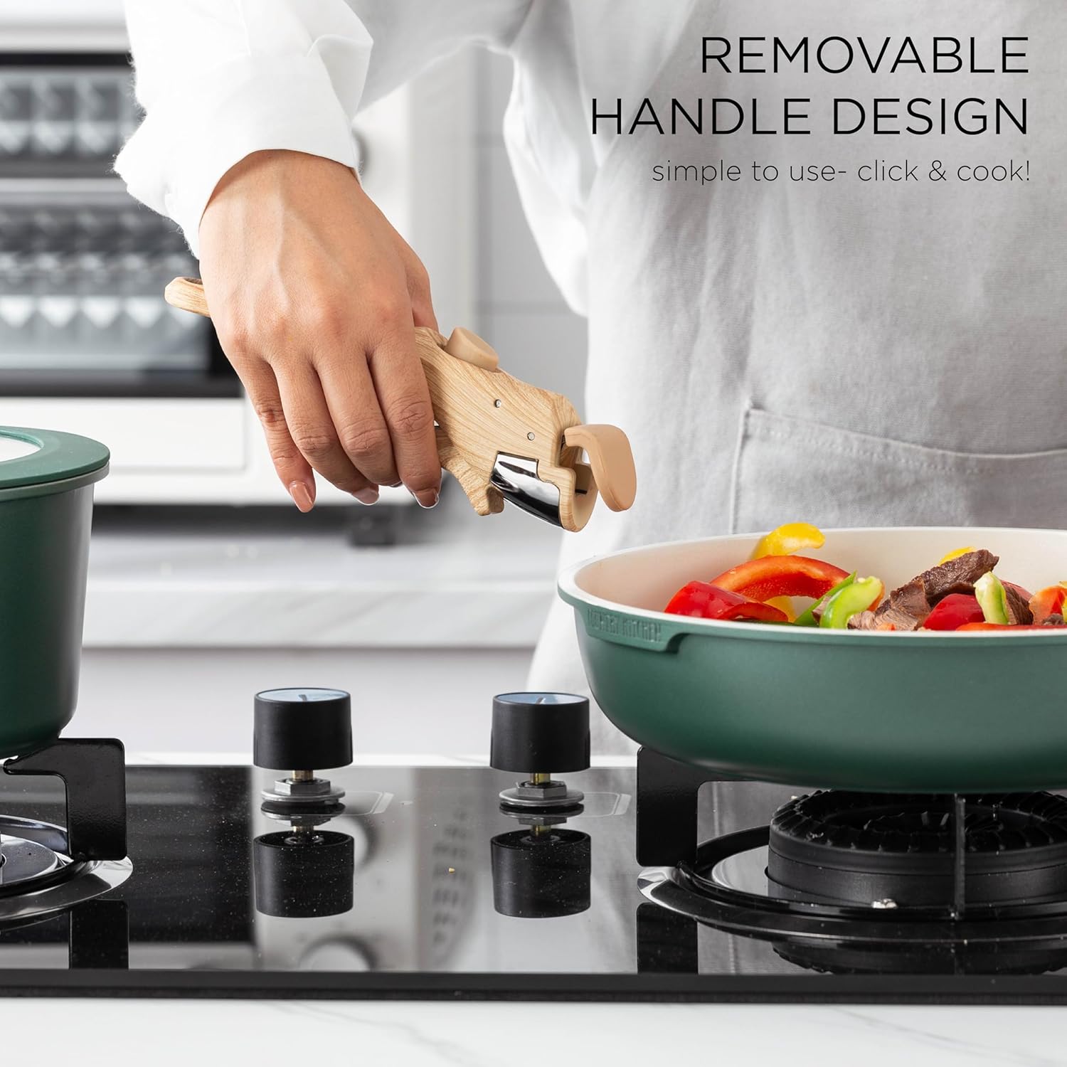 Country Kitchen Cookware Set with Removable Handle, Oven & RV Safe Pots and Pans Set, Sage Wood Handle, Original5
