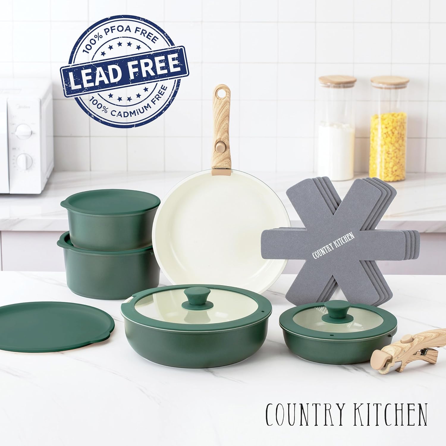 Country Kitchen Cookware Set with Removable Handle, Oven & RV Safe Pots and Pans Set, Sage Wood Handle, Original6