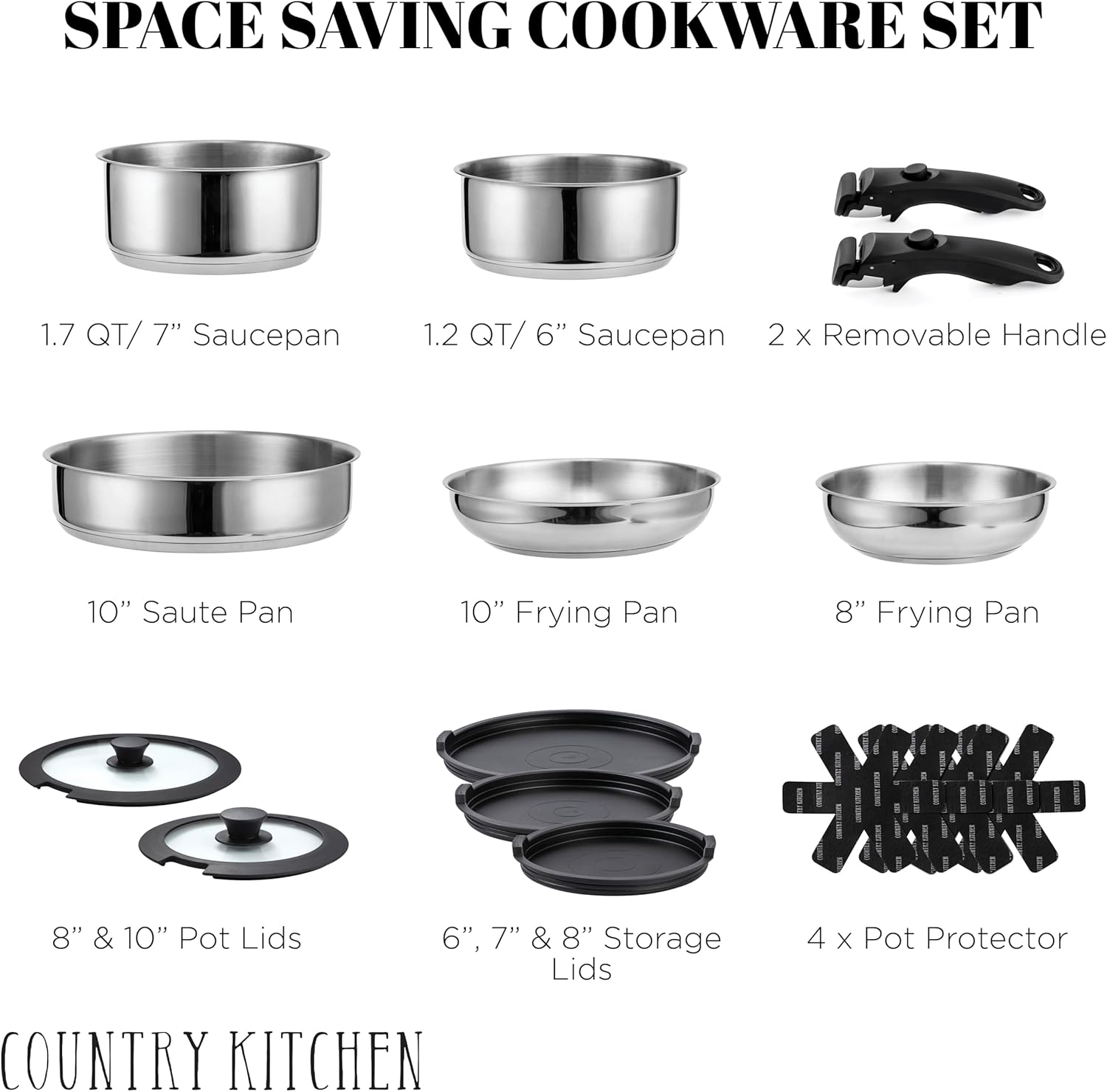 Country Kitchen Cookware Set with Removable Handle, Oven & RV Safe Pots and Pans Set, Stainless Steel, Original1