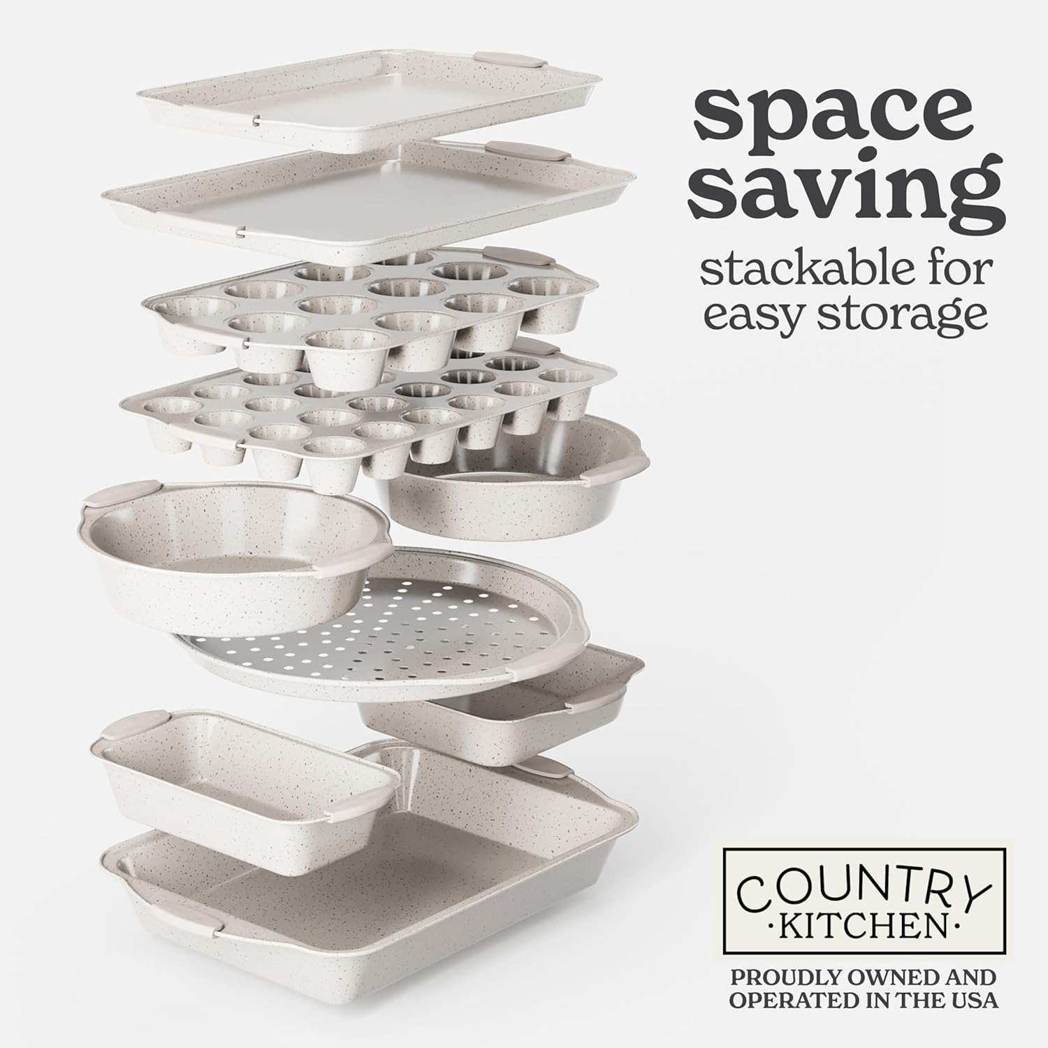 Country Kitchen Nonstick Stackable Bakeware Set - Durable, Easy Release Baking Set, Cream, 10 Pcs2