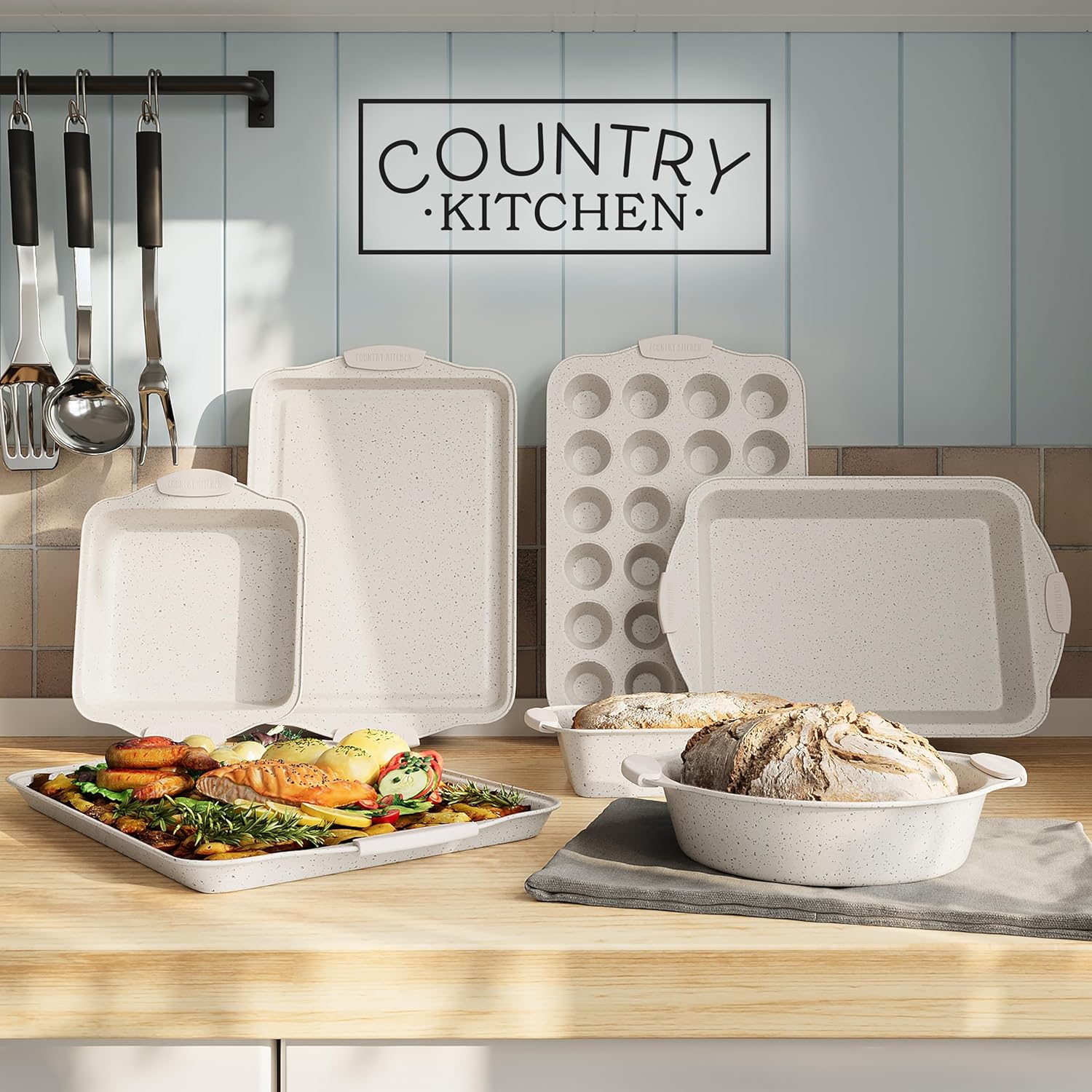 Country Kitchen Nonstick Stackable Bakeware Set - Durable, Easy Release Baking Set, Cream, 10 Pcs3