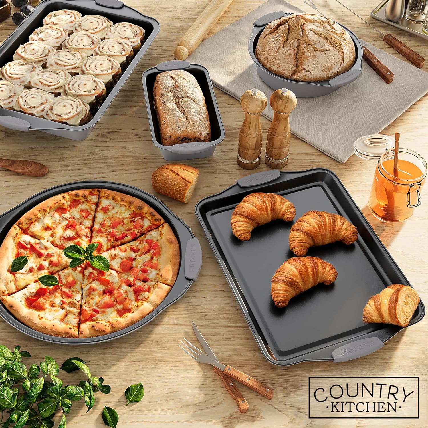 Country Kitchen Nonstick Stackable Bakeware Set - Durable, Easy Release Baking Set, Gray, 10 Pcs-