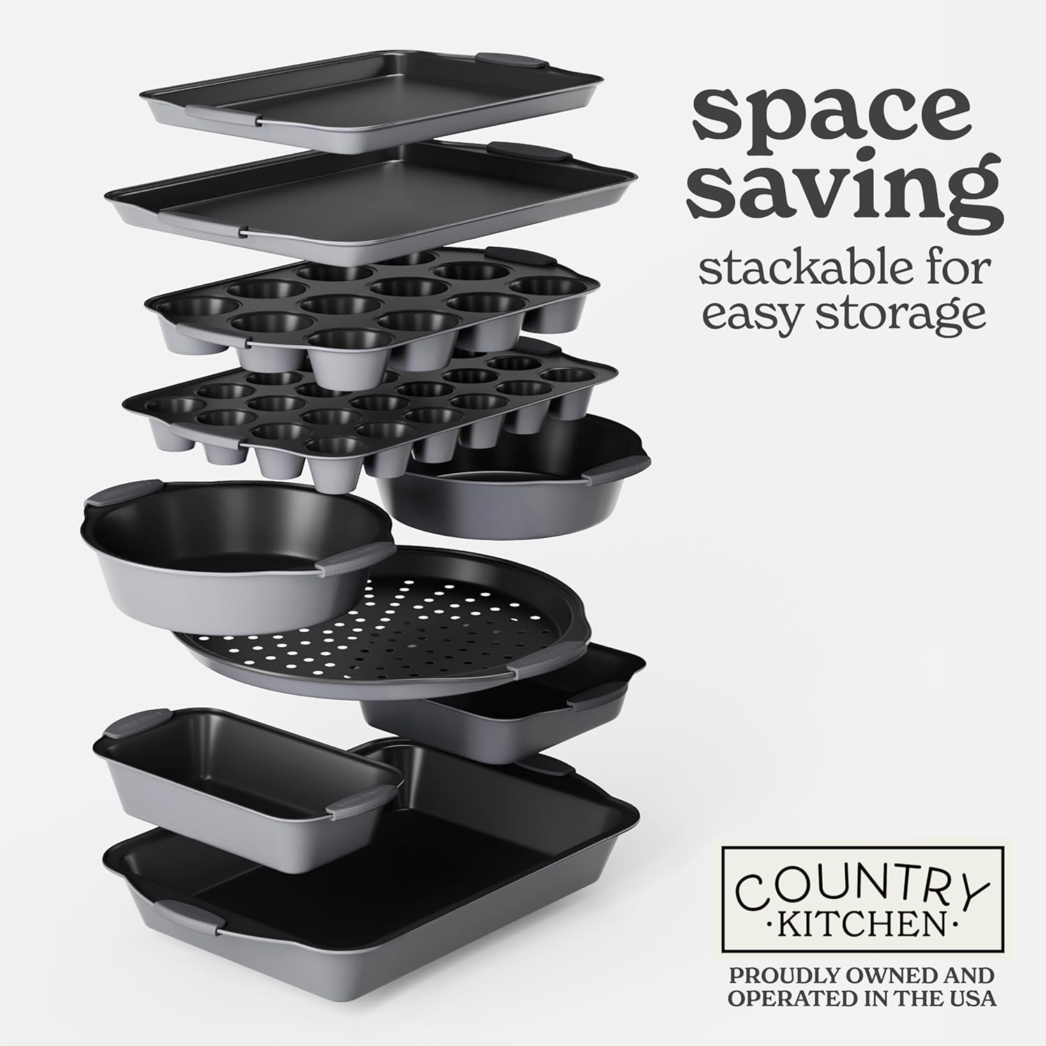 Country Kitchen Nonstick Stackable Bakeware Set - Durable, Easy Release Baking Set, Gray, 10 Pcs0