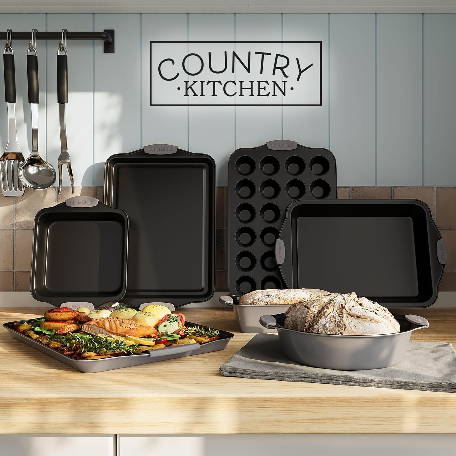 Country Kitchen Nonstick Stackable Bakeware Set - Durable, Easy Release Baking Set, Gray, 10 Pcs3