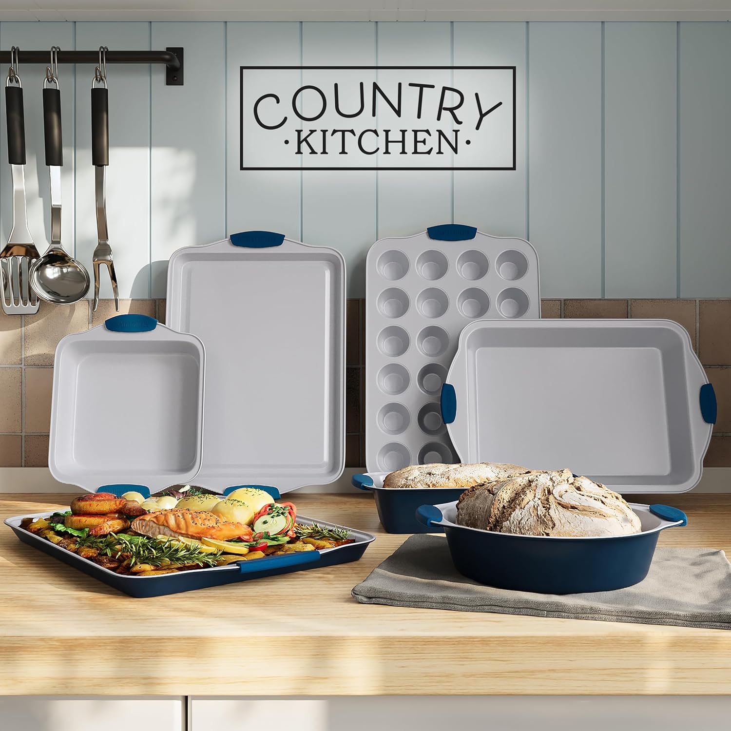 Country Kitchen Nonstick Stackable Bakeware Set - Durable, Easy Release Baking Set, Navy, 10 Pcs2