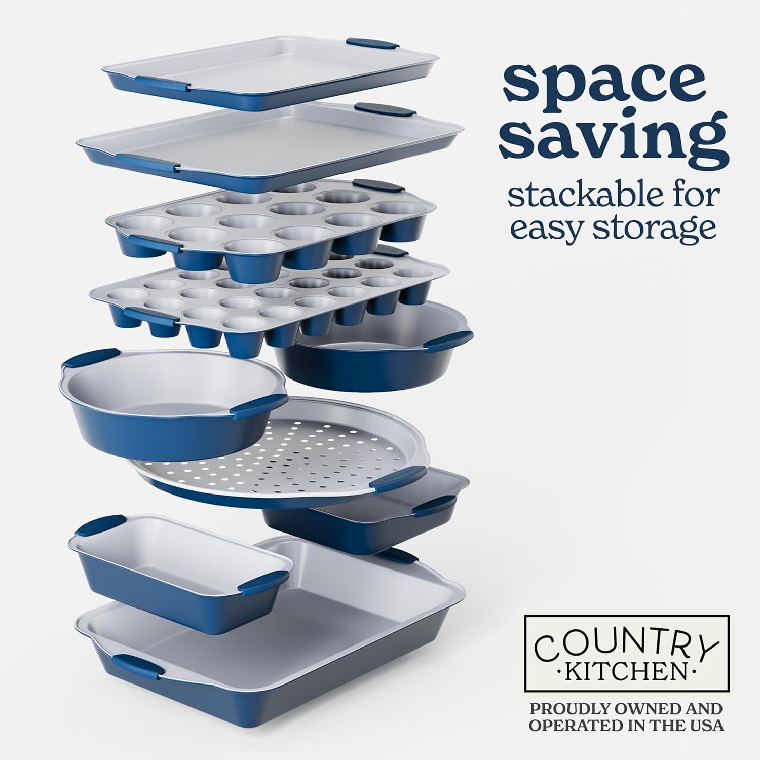 Country Kitchen Nonstick Stackable Bakeware Set - Durable, Easy Release Baking Set, Navy, 10 Pcs9