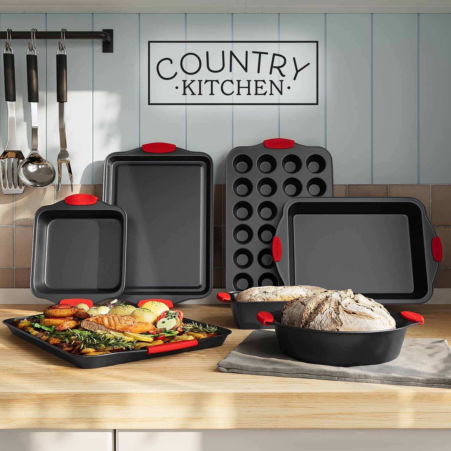 Country Kitchen Nonstick Stackable Bakeware Set - Durable, Easy Release Baking Set, Red, 10 Pcs3