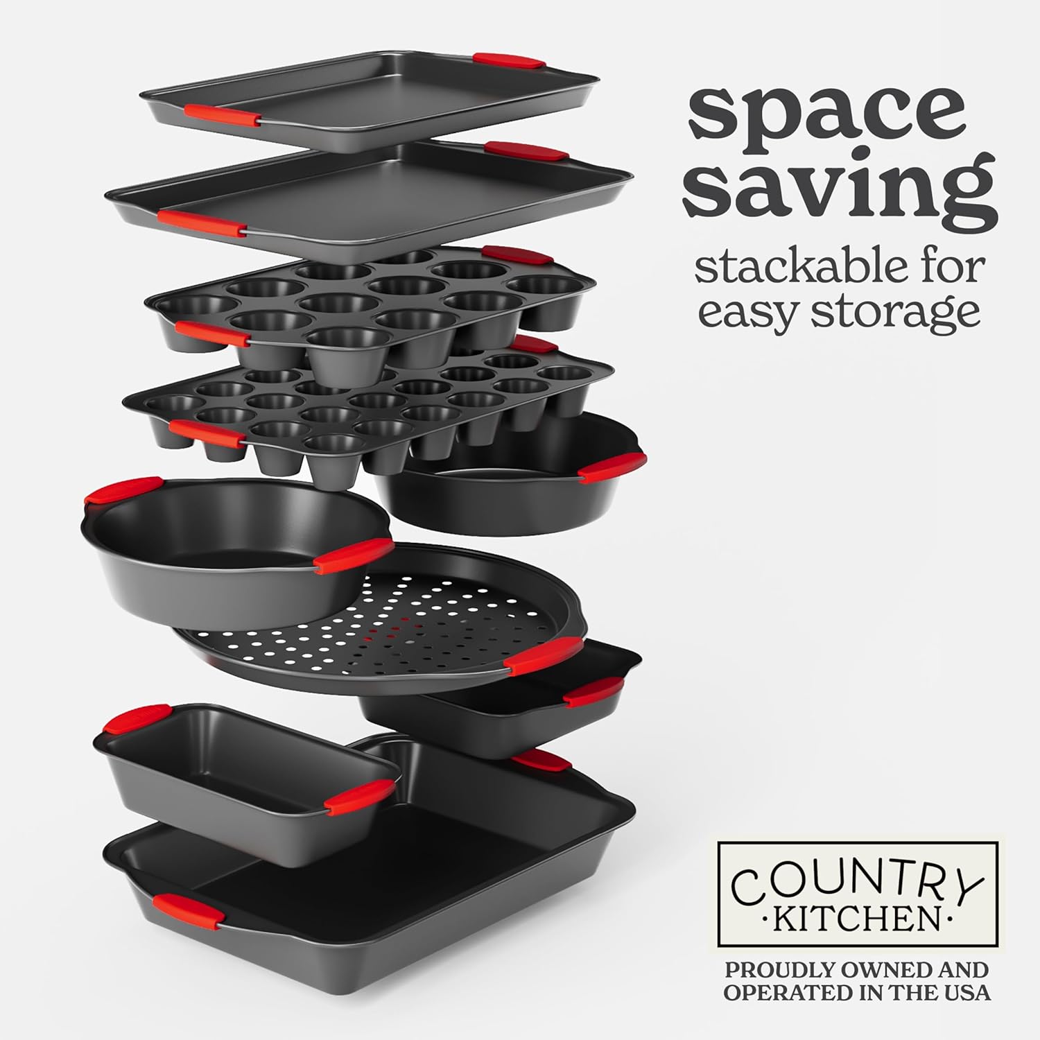 Country Kitchen Nonstick Stackable Bakeware Set - Durable, Easy Release Baking Set, Red, 10 Pcs89