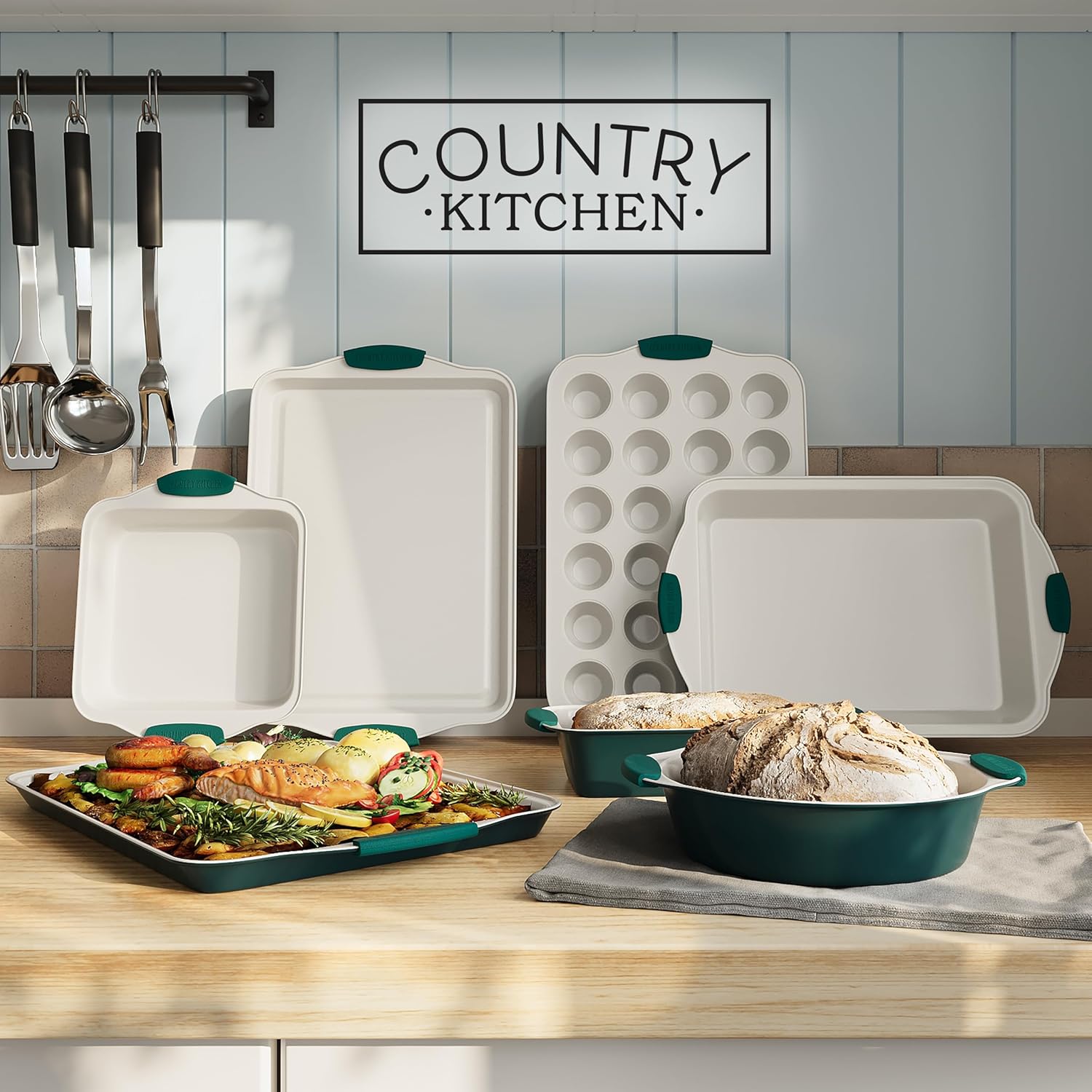 Country Kitchen Nonstick Stackable Bakeware Set - Durable, Easy Release Baking Set, Sage, 10 Pcs4