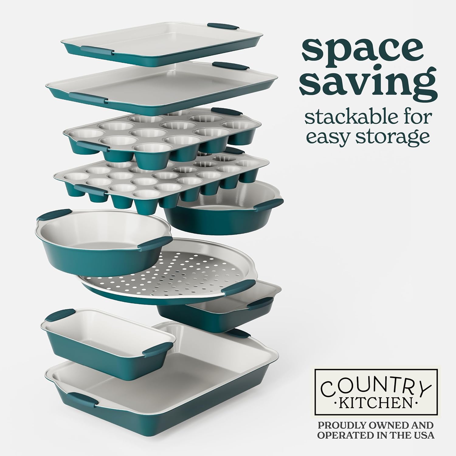 Country Kitchen Nonstick Stackable Bakeware Set - Durable, Easy Release Baking Set, Sage, 10 Pcs90