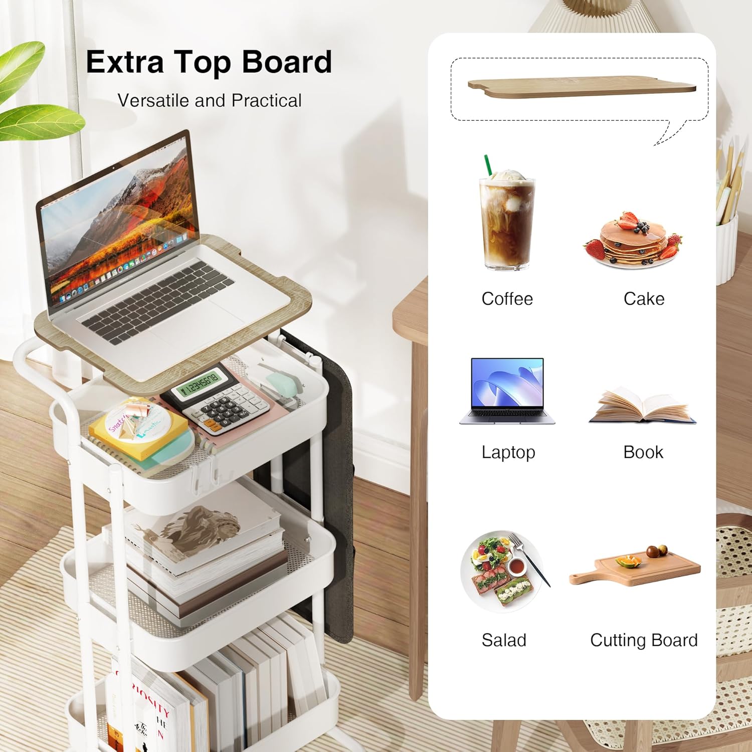 DTK 3 Tier Metal Utility Rolling Cart with Table Top and Side Bags, Metal Tray Storage Organizer Cart with Wheels, Art Craft Cart with 4 Hooks for Kitchen Bathroom Office Living Room (White)1