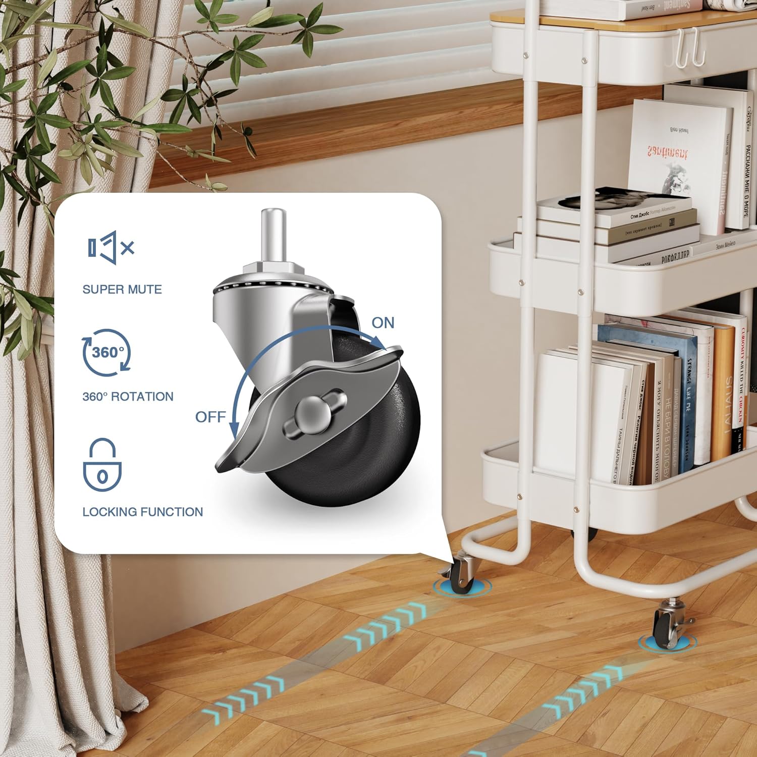 DTK 3 Tier Metal Utility Rolling Cart with Table Top and Side Bags, Metal Tray Storage Organizer Cart with Wheels, Art Craft Cart with 4 Hooks for Kitchen Bathroom Office Living Room (White)11