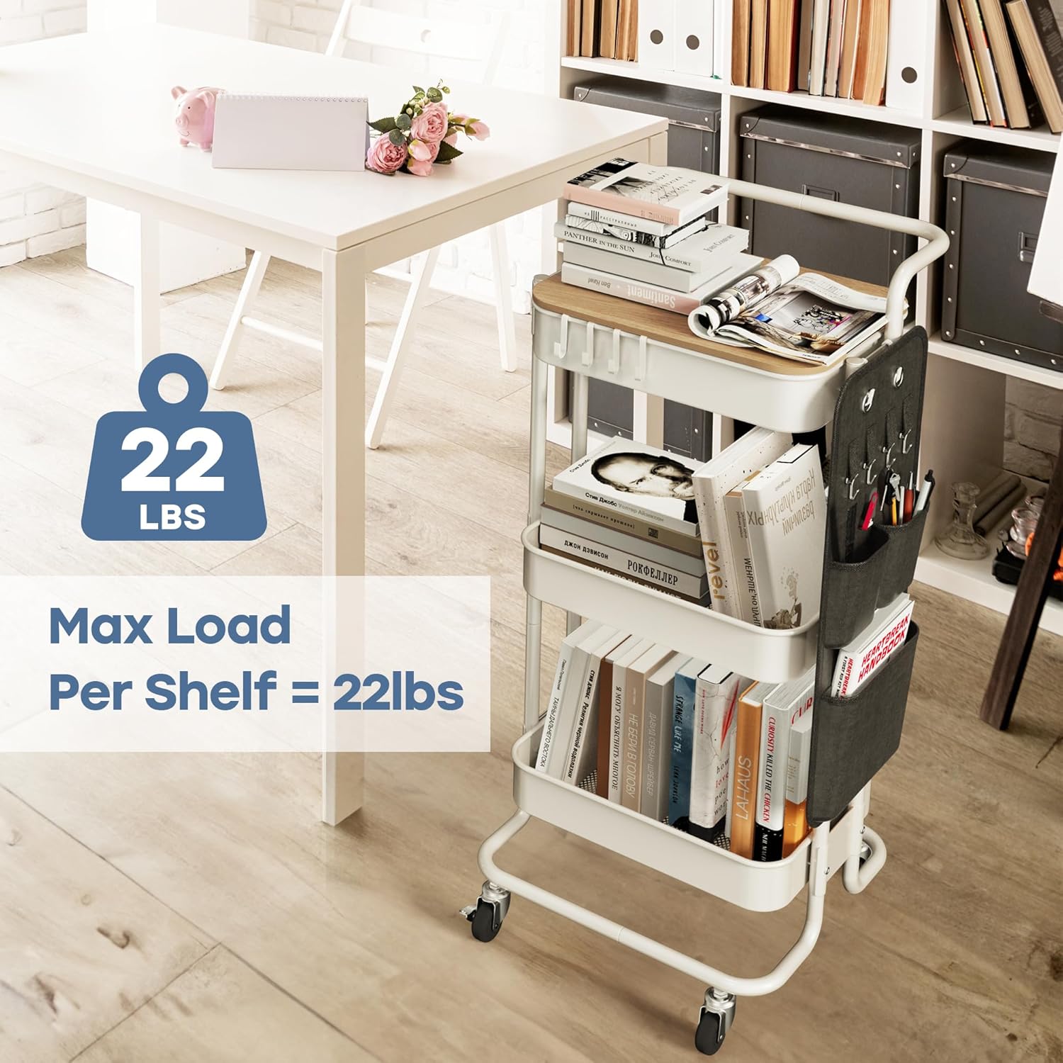 DTK 3 Tier Metal Utility Rolling Cart with Table Top and Side Bags, Metal Tray Storage Organizer Cart with Wheels, Art Craft Cart with 4 Hooks for Kitchen Bathroom Office Living Room (White)4