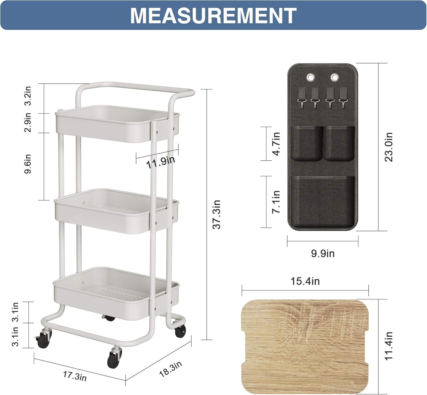 DTK 3 Tier Metal Utility Rolling Cart with Table Top and Side Bags, Metal Tray Storage Organizer Cart with Wheels, Art Craft Cart with 4 Hooks for Kitchen Bathroom Office Living Room (White)9