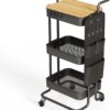 DTK 3 Tier Metal Utility Rolling Cart with Table Top and Side Bags, Tray Storage Organizer Wheels, Art Craft 4 Hooks for Kitchen Bathroom Office Living Room (Black)
