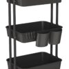 DTK 3 Tier Rolling Cart Uility Cart with Cover Board, Mobile Storage Cart with Wheels, Cups, Hooks for Office Utility Kitchen Bathroom Homeschool Art Craft Postpartum Teacher Cart Organizer(Black)