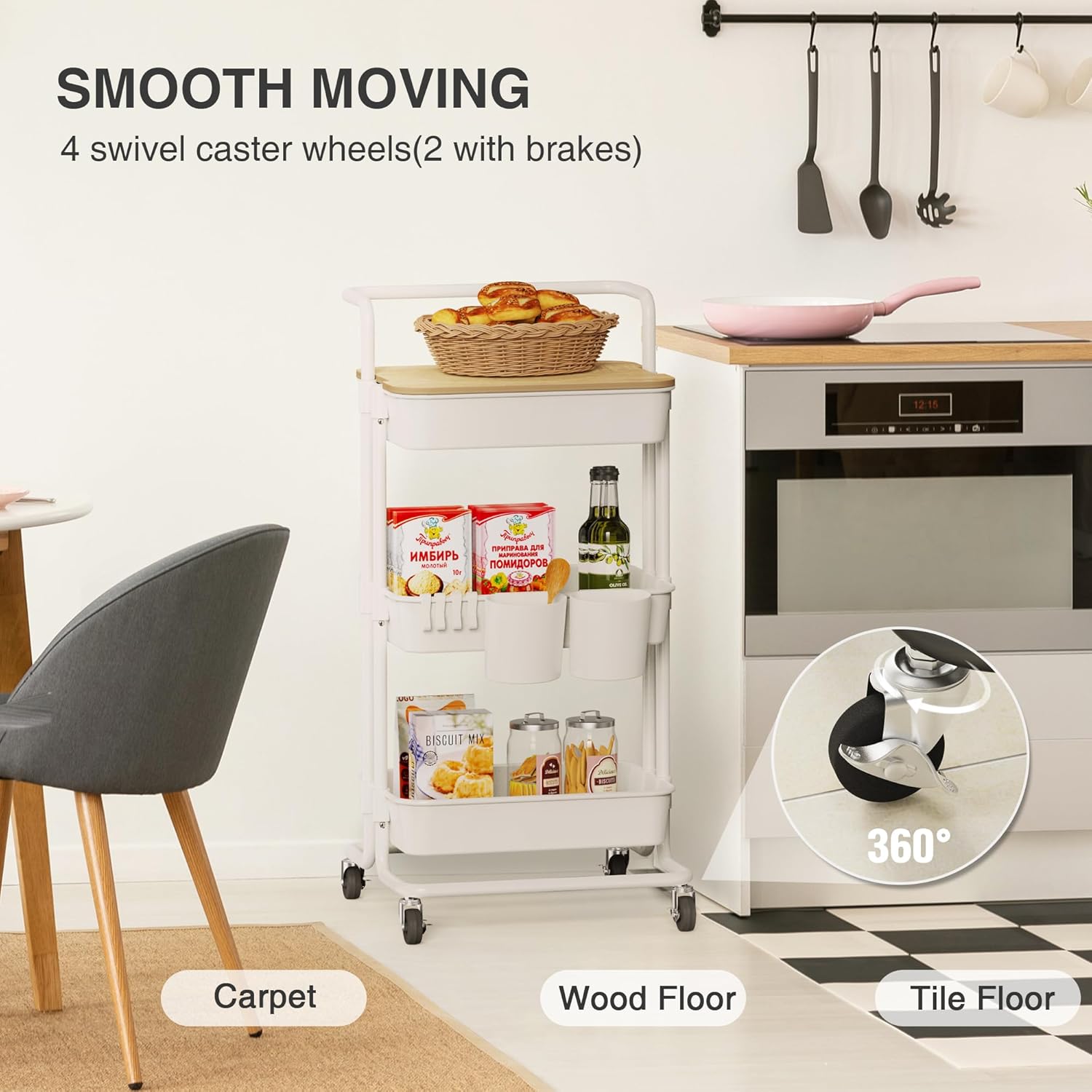 DTK 3 Tier Rolling Utility Cart with Cover Top Board, Movable Kitchen Storage Cart Trolley with Lockable Wheels, Cups, Hooks for Kitchen Bathroom Home Office Art Craft Storage and Organization(White)3