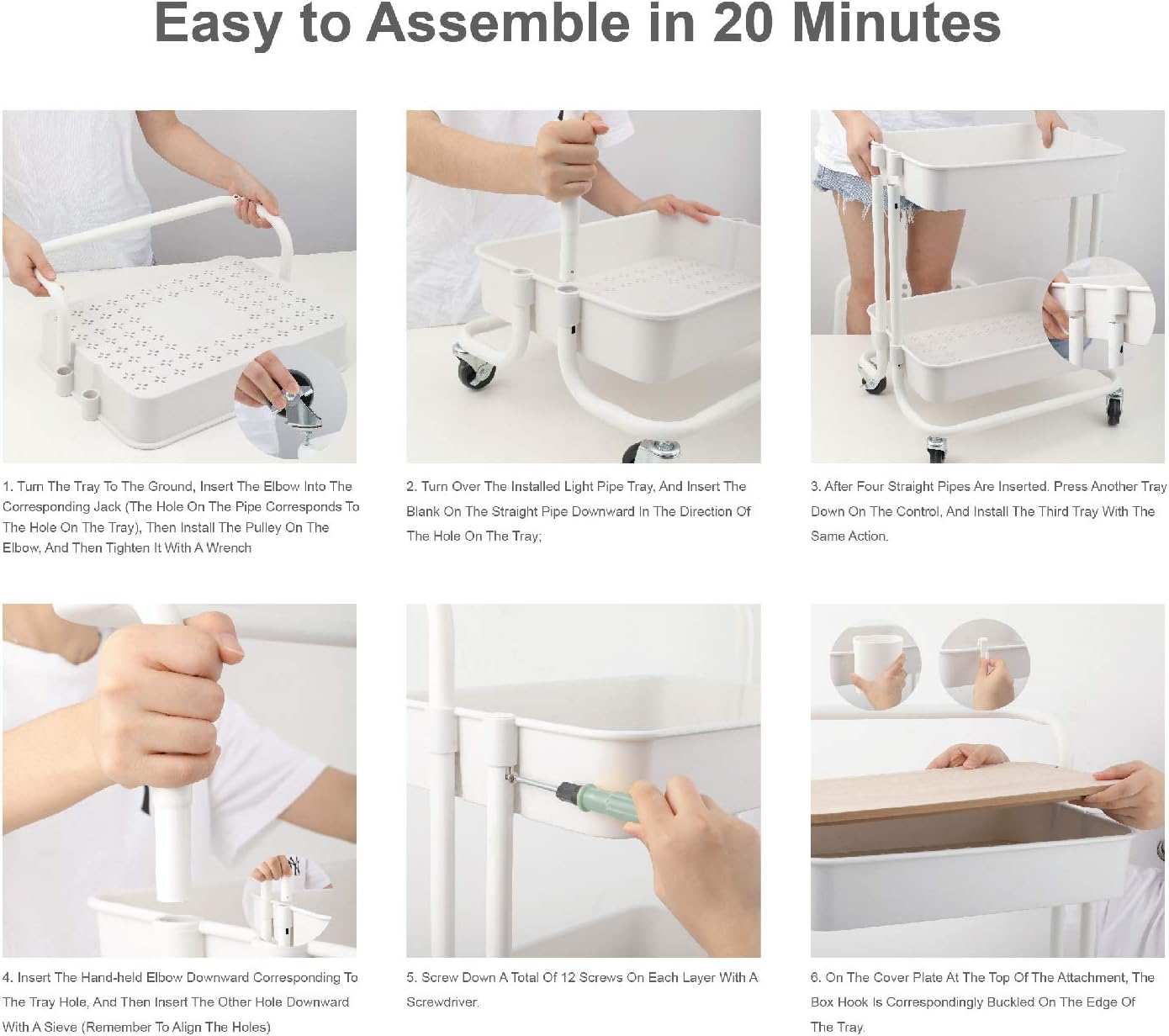 DTK 3 Tier Rolling Utility Cart with Cover Top Board, Movable Kitchen Storage Cart Trolley with Lockable Wheels, Cups, Hooks for Kitchen Bathroom Home Office Art Craft Storage and Organization(White)8