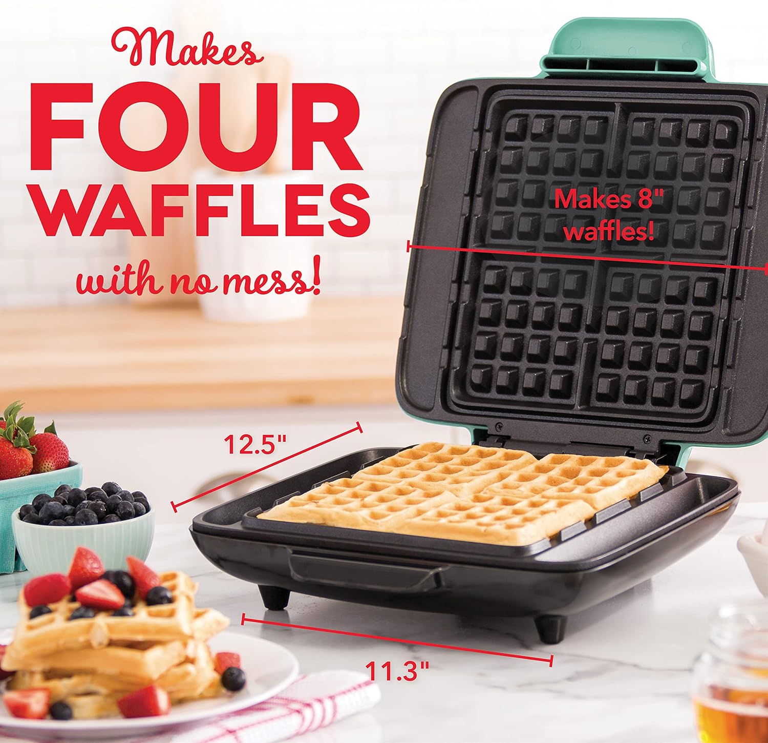 Dash Deluxe No-Drip Waffle Iron Maker Machine 1200W + Hash Browns, or Any Breakfast, Lunch, & Snacks with Easy Clean, Non-Stick + Mess Free Sides, Aqua1