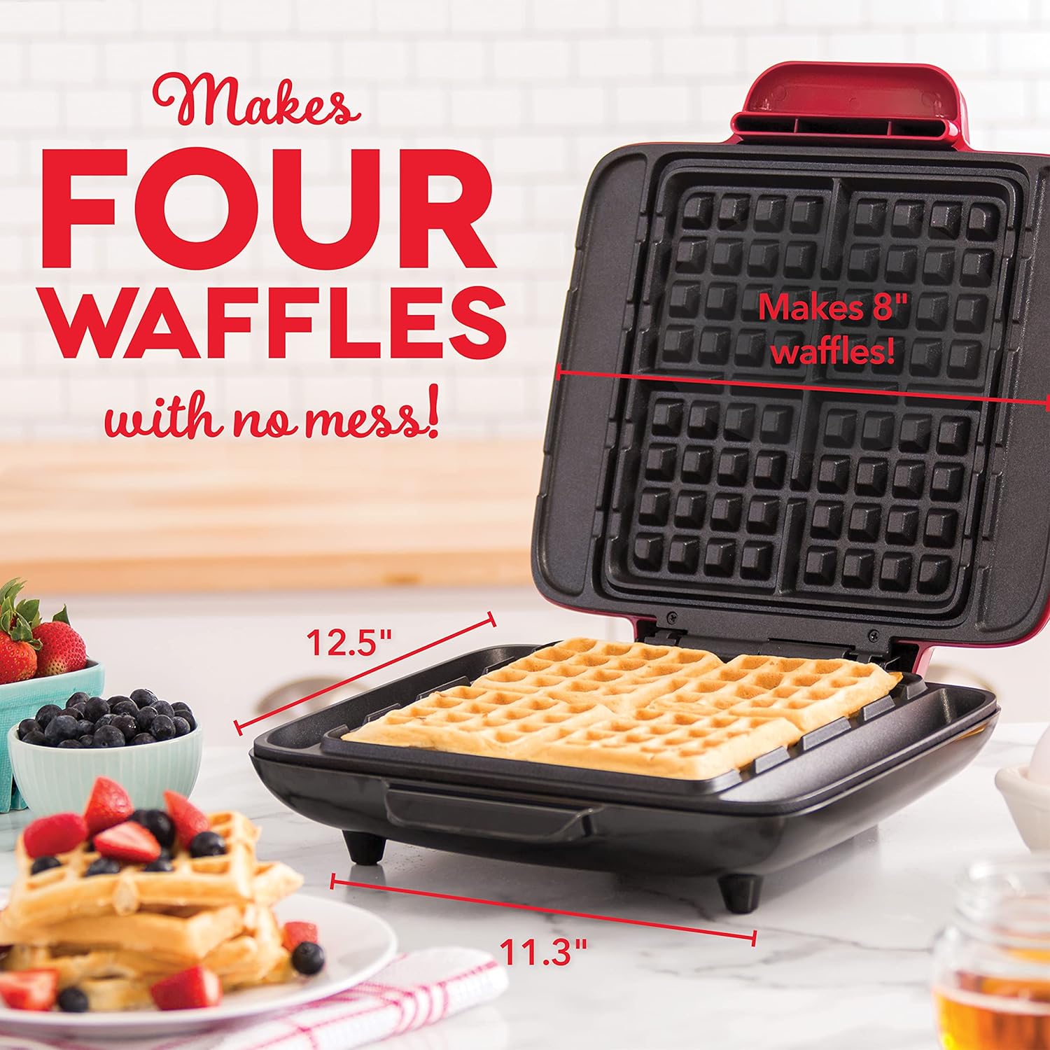 Dash Deluxe No-Drip Waffle Iron Maker Machine 1200W + Hash Browns, or Any Breakfast, Lunch, & Snacks with Easy Clean, Non-Stick + Mess Free Sides, Red1
