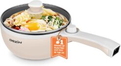 Dezin Hot Pot Electric Upgraded, Non-Stick Sauté Pan, Rapid Noodles Electric Pot, 1.5L Mini Portable Hot Pot for Steak, Egg, Fried Rice, Ramen, Oatmeal, Soup with Power Adjustment, Beige (Egg Rack Included)