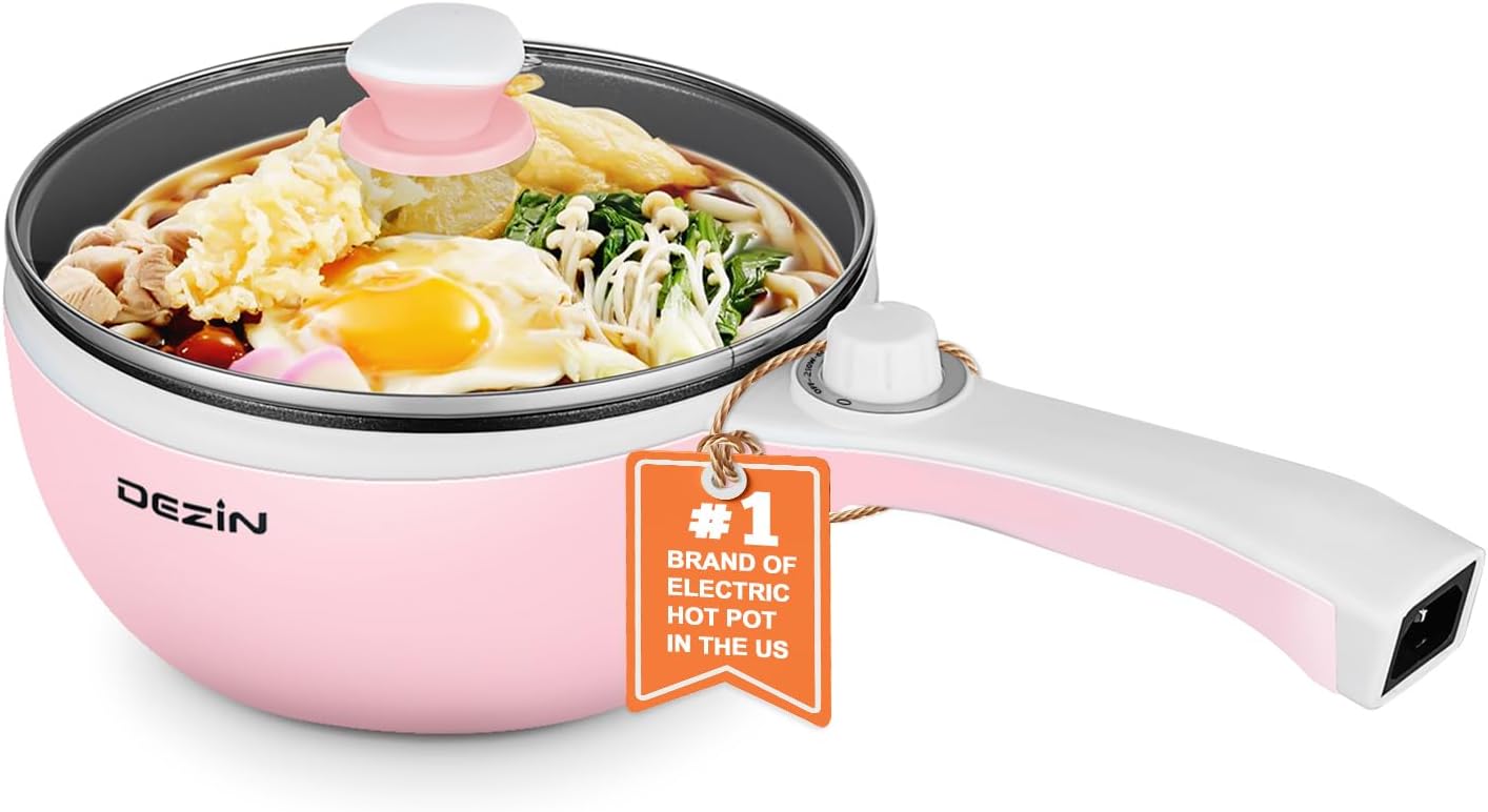 Dezin Hot Pot Electric Upgraded, Non-Stick Sauté Pan, Rapid Noodles Electric Pot, 1.5L Mini Portable Hot Pot for Steak, Egg, Fried Rice, Ramen, Oatmeal, Soup with Power Adjustment (Egg Rack Included) Dezin Hot Pot Electric Upgraded, Non-Stick Sauté Pan, Rapid Noodles Electric Pot, 1.5L Mini Portable Hot Pot for Steak, Egg, Fried Rice, Ramen, Oatmeal, Soup with Power Adjustment (Egg Rack Included)