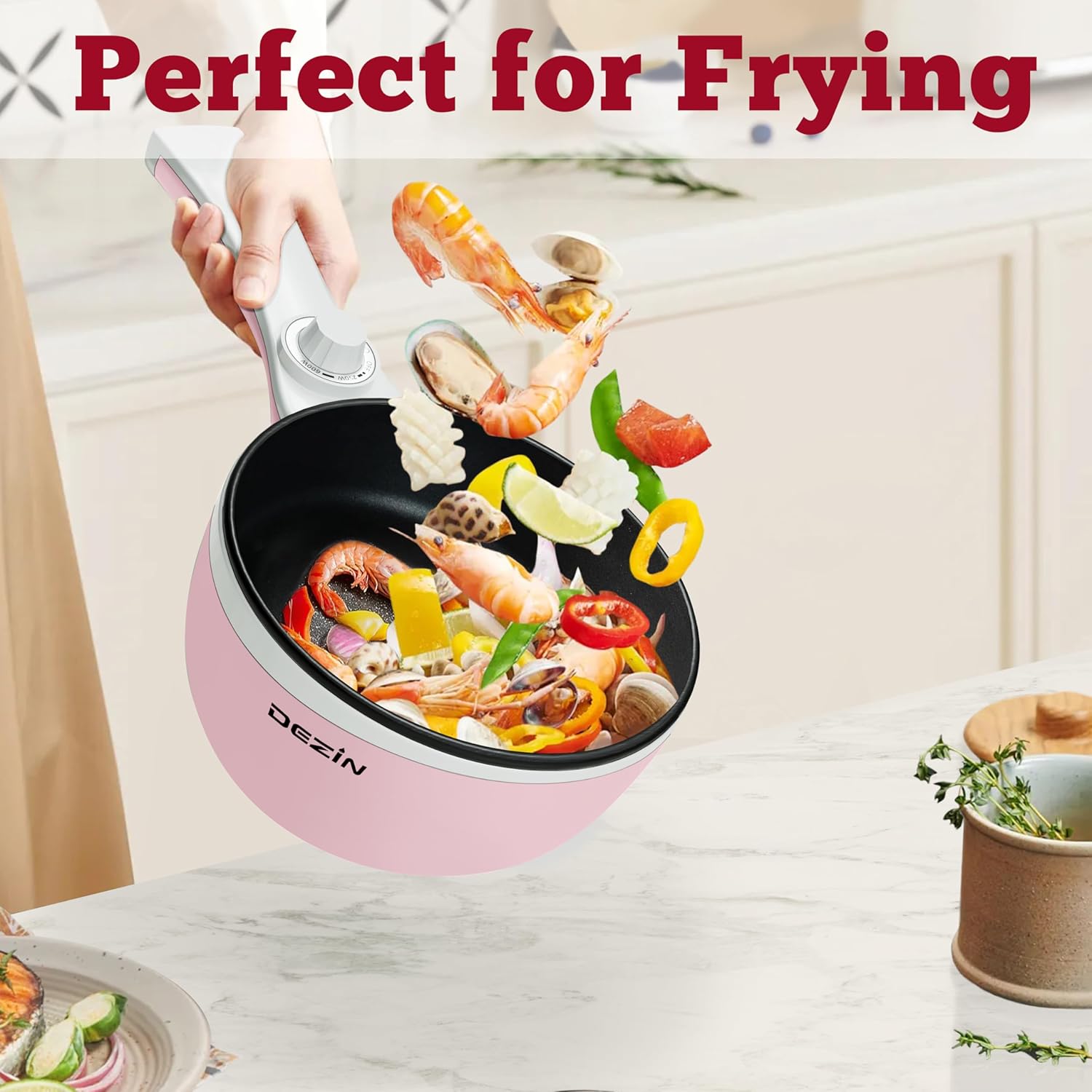 Dezin Hot Pot Electric Upgraded, Non-Stick Sauté Pan, Rapid Noodles Electric Pot, 1.5L Mini Portable Hot Pot for Steak, Egg, Fried Rice, Ramen, Oatmeal, Soup with Power Adjustment (Egg Rack Included)1