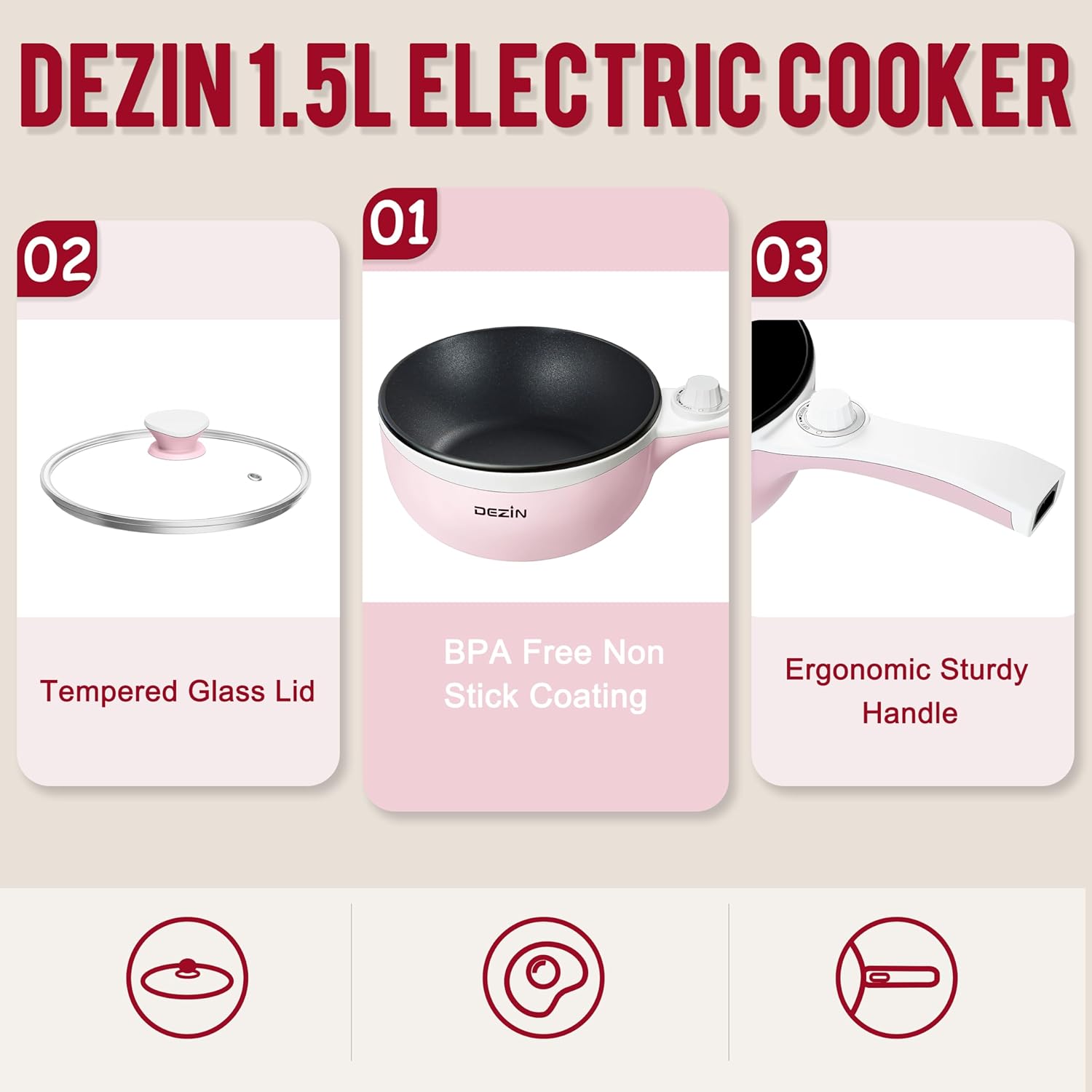 Dezin Hot Pot Electric Upgraded, Non-Stick Sauté Pan, Rapid Noodles Electric Pot, 1.5L Mini Portable Hot Pot for Steak, Egg, Fried Rice, Ramen, Oatmeal, Soup with Power Adjustment (Egg Rack Included)4